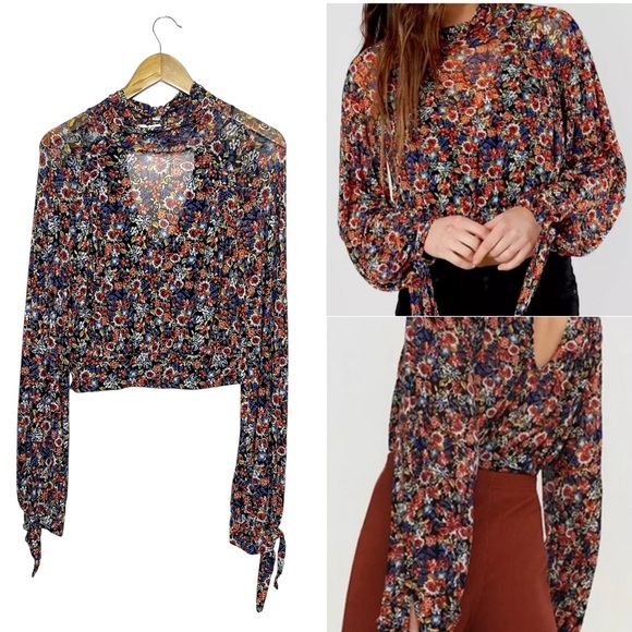 Free People Tops - Free People All Dolled Up Mesh Sheer S Floral Long Sleeve Top Balloon High Neck